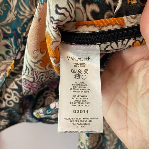 Maria Cher. Blue Purple Floral Abstract Blouse Rouched Cropped Silk size Large - Picture 11 of 12